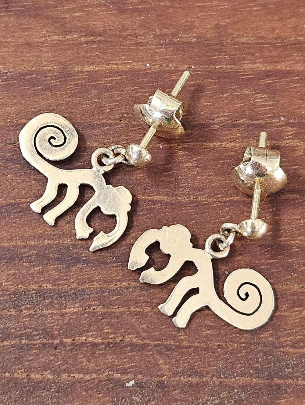 18k Solid Yellow Fine Gold Monkey Geoglyph Stud Dangle Earrings